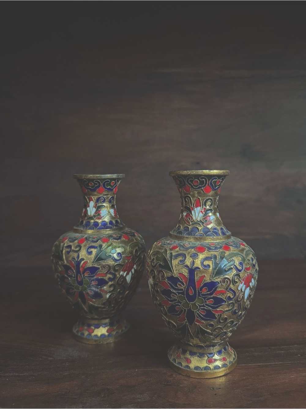 Vintage Cloisonné Vases Pair | Mini Brass Enamel Bud Vases | Floral Decor